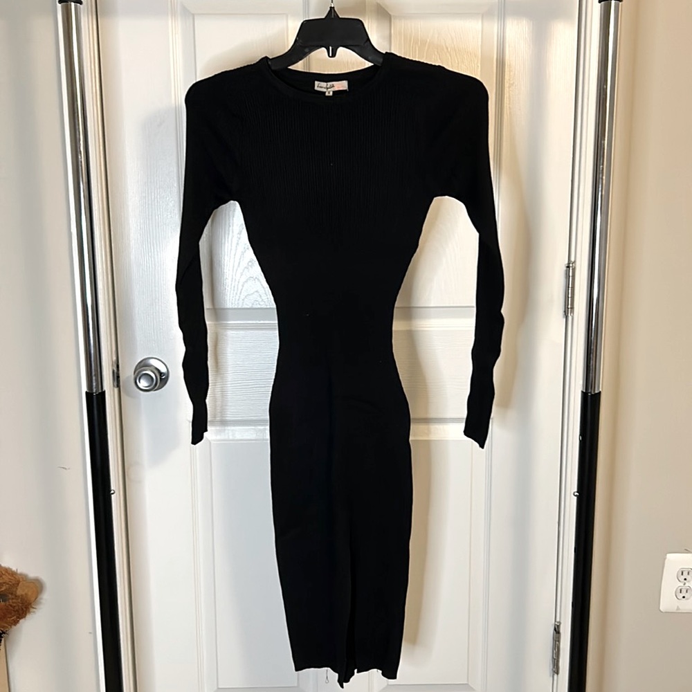 New never worn Sexy small black long sleeve midi sweater dress with front slit